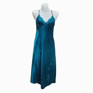 Satin Chemise Gown Slip Dress L Blue Green